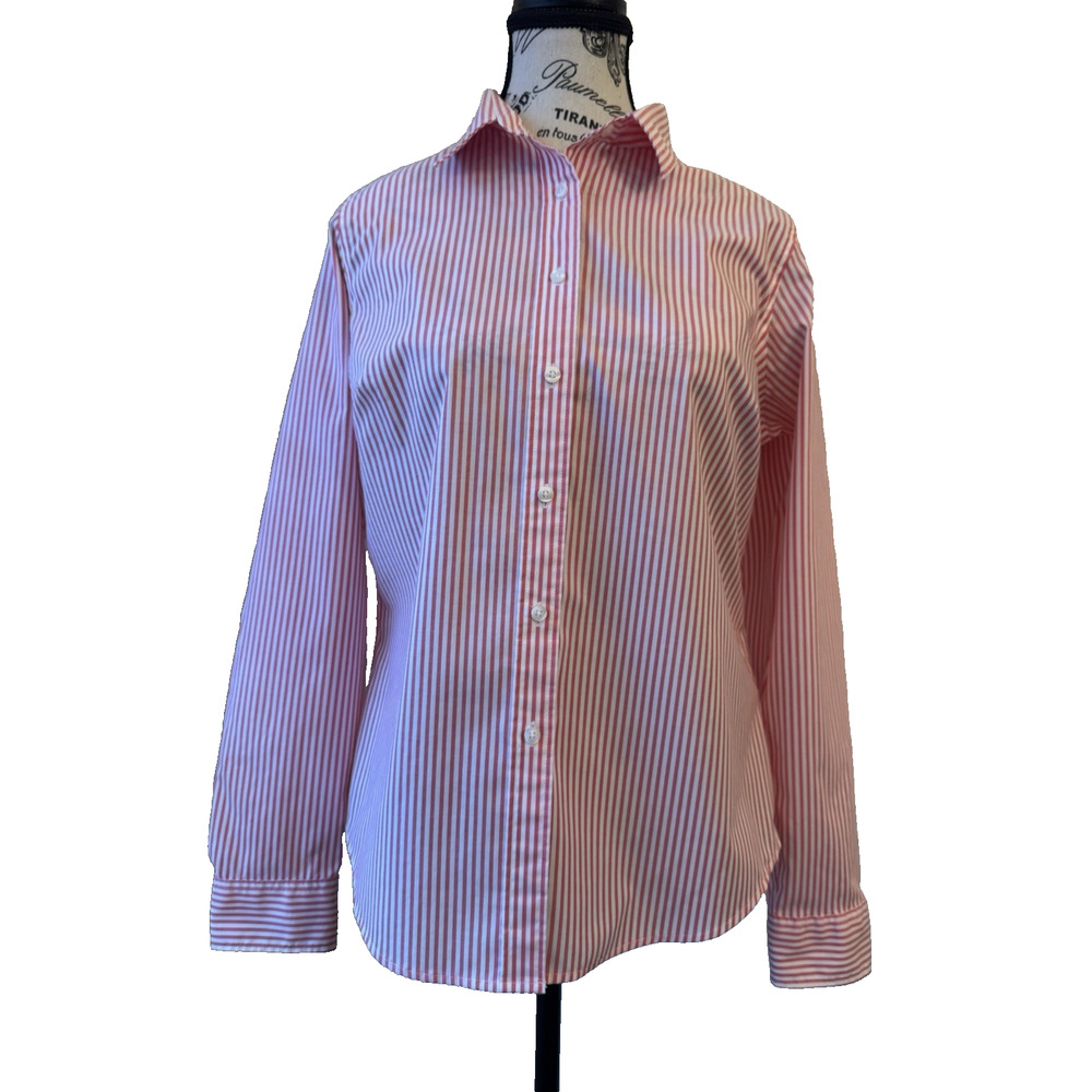 LLBean Women’s Blouse XS Long Sleeve Button Up Fitted Pink & White Stripe